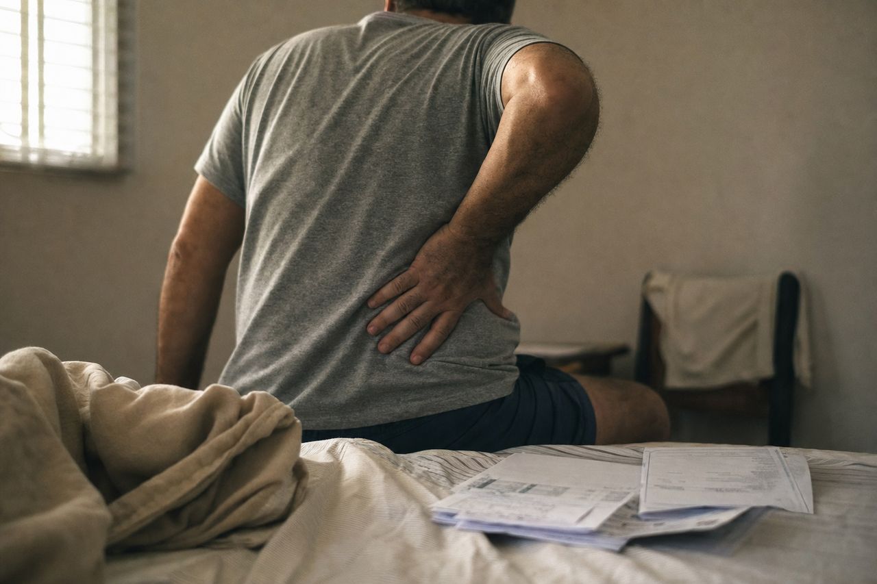 Homem sentado na beira da cama, de costas, com a mão apoiada nas costas e exames sobre o colchão